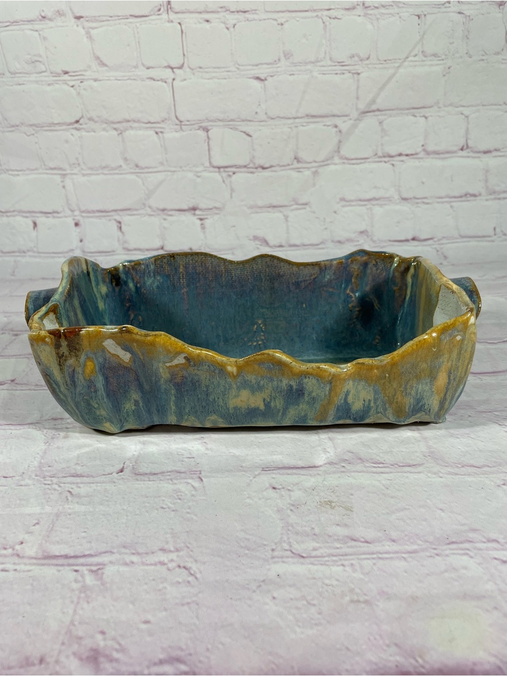 Vintage Handmade Pottery Drip Glaze Serving Dish Planter Artist Signed